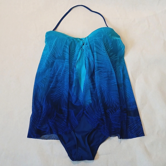 Ralph Lauren one-piece blue swimsuit with sheer drape Size 6 - Picture 1 of 4